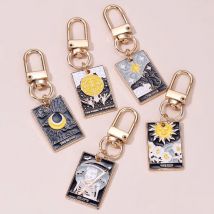 Classic Tarot Cards Sun Moon Enamel Keychain Mysterious Cat Key Ring for Women Men Friendship Gift Halloween Handmade Jewelry