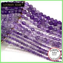 Drobne 100% naturalne kamienne koraliki fasetowany ametyst luźne okrągłe kamienie szlachetne kryształ do tworzenia biżuterii DIY bransoletka naszyjnik urok 2-4mm
