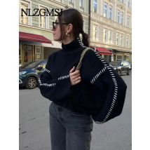 Nlzgmsj warmer Roll kragen schlitz dicker Pullover Frauen lässig lang ärmel ige übergroße Pullover Strickwaren weibliche Straßen pullover