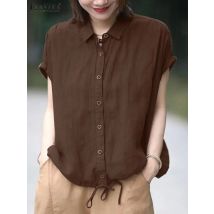 ZANZEA Sommer Hemd Frauen Kurzarm Bluse Elegante Solide OL Arbeit Tops Casual Revers Neck Buttons Unten Blusas Weibliche Chemise