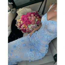 Bella Customized Blue 3D Flowers Mermaid robes de soirée Strapless Backless Sleeveless Party Dresses Floor-Length Prom Dress