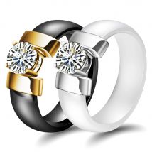 6mm Weiß Schwarz Keramik Ringe Plus Zirkonia Für Frauen Gold Farbe Edelstahl Frauen Ehering Verlobungsschmuck