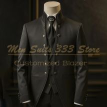 Trajes negros personalizados para hombre, moda de un solo pecho, solapa con soporte, chaqueta ajustada de 3 piezas, pantalones, chaleco, trajes formales, Blazer Terno
