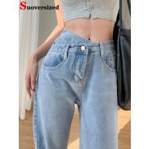 Koreanisches Design unregelmäßige hohe Taille gerade Jeans Frauen Streetwear Vintage Jeans hose Frühling Herbst lässig Overs ize Kot Pantolon