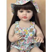 22 Zoll kuscheliges Ganzkörper-Silikon-Vinyl-Bebe-Reborn-Mädchen mit langen Haaren, handgefertigt, lebensecht, realistisch, wiedergeborenes Baby-Geburtstagsspielzeug
