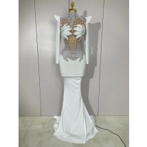 Abito lungo di lusso con diamanti scintillanti, bianco perla, trasparente, in rete, da donna, per matrimoni, feste serali, spettacoli teatrali