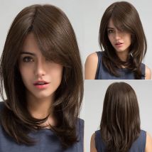 Shoulder Length Synthetic Dark Brown Wig Straight Layered Wigs for Women Hair Wig With Bangs Heat Resistant Party Daily Natural