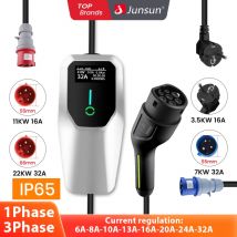 Junsun przenośny ładowarka EV Type2 IEC62196-2 Wallbox od 3,5 kW do 22kW 6A do 32A 4 metry IP65 dla Tesla Kia Hyundai Nissan Dacia