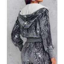Fashion Sequin Jacket Women Clothing Hooded Y2k Casual Velvet Contrast Daily Long Sleeve Zip Up Coats for Female Streetwear