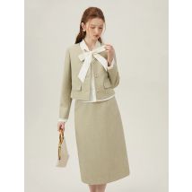 FSLE Gefälschte Zwei-stück Frauen Grün-grau Rock Set Weiß Bogen Ausschnitt Kurzen Stil Mantel Zurück Elastische Taille rock 24FS11187 + 24FS11186