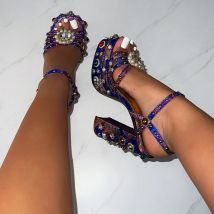 Sommer Neue Strass Edelstein 14,5 cm Dicke hochhackige Sandalen mit dicker Sohle und freiliegender Zehenpartie Damenschuhe mit hohen Absätzen