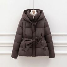 2026 neue Winter Jacke Frauen Warme Parkas Langarm Tops Casual Baumwolle Gepolsterte Jacken Gürtel Schwarz Braun Mit Kapuze Outwear Weibliche