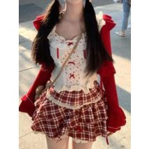 Süße Spitze Anzug frauen Mode-Design Schlank Bogen Schlinge Langarm Strickjacke Hepburn Neue Herbst Rot Plaid Kurzen Rock 3-stück Set