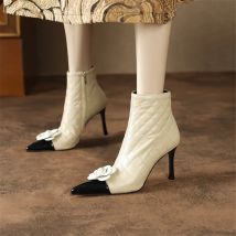 Botas cortas de cuero de vaca para mujer, botines de flores a la moda, tacones de aguja con punta estrecha, zapatos de colores mezclados, otoño e invierno, novedad