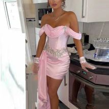 Mini Short Pink Satin Cocktail Dress For Women Sheath Cocktail Gown Off The Shoulder Wedding Party Gown Beading With Train