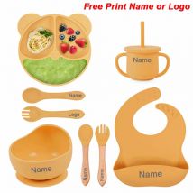 Fütterung Set Silikon Für Baby Sauger Schüssel Gerichte Platte Für Kinder Bär Platte Set Baby Geschirr kinder Tasse Mit Stroh 8Pcs