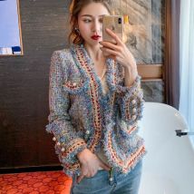 Chic Women Plaids Fringed Jacket Tweed Pearls Buckles Tweed Blazers Gold Silk Retro Checked Coat Spring Fall Cardigan Crop Tops