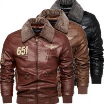 Motorradjacken für Herren im Herbst/Winter, modische, lässige, mit Leder bestickte Fliegerjacke im Winter, Samt-Pu-Jacke