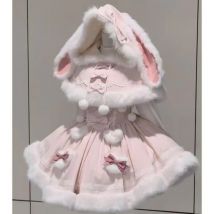 Japanese Sweet Lolita Style 2 Piece Set Women Kawai Bow Bunny Hooded Cloak Coat Pink Plush Party Mini Dress Korean Y2k Cute Suit