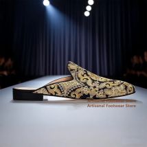 Flache bestickte Hausschuhe für Herren, handgefertigt, mehrfarbig, Quasten, Slip-On-Hausschuhe für Herren, Übergröße, Herrenschuhe im Designer-Stil