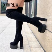XMWRLW 2025 Winter Oberschenkel Hohe Stiefel Mode High Heels 14 cm Weibliche Winter Schuhe Frauen Gummi Sohle Nicht-Slip boot Plattform Schuhe