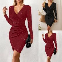 Mode V-ausschnitt Langarm Bodycon Kleid Frauen Herbst Büro Glitter Elegante Party Ofiice Wrap Schlank Midi Kleider Robe Femme