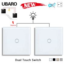 UBARO Eu/UK 86*86mm 1Gang 2Way podwójny przełącznik dotykowy Panel ze szkła hartowanego przełącznik schodów przełączniki czujnikowe do sypialni krzyż bez potrzeby WI-FI