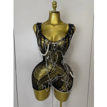 Women Sexy See-Through Bodysuit Black Pin Sheath Mini Dress Evening Birthday Party Nightclub Singer Dancer Performance Costume