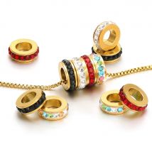 10pcs Stainless Steel Round Zircon Beads Big Hole Spacer Beads Charms for DIY Jewelry Making Bracelet Supplies Necklace Findings