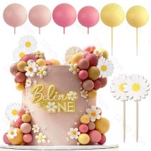 50 Stück Boho-Kuchenaufsätze, errötend, rosa, gelbe Kugeln, Gänseblümchen-Blumen, Kuchenaufsätze für groovige Geburtstag, Babyparty, Party, Kuchendekoration