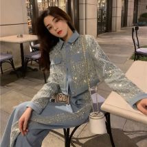 Koreanische neue Frühling zweiteilige Sets Denim Pailletten jacke weites Bein Jeans Freizeit anzüge