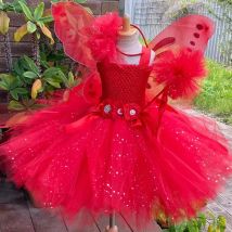 Mädchen Rot Glitzer Fee Kleid Kinder Schmetterling Blume Tutu Kleider Outfit Kinder Weihnachten Funkelndes Kleid Cosplay Party Kostüm