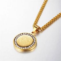 Religiöse San Benito Heilige Medaille Anhänger Gold Farbe Edelstahl Zirkon Jesus Kreuz Runde Halskette für Männer Frauen Schmuck Geschenk