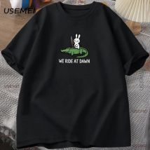 We Ride At Dawn T-Shirt Women Men Bunny and Alligator T Shirt Funny Animal Printed Tshirt O-Neck Short Sleeve Men's Clothing