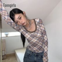 Tonngirls Vintage Plaid T Shirt Frauen Dünne T Tops Streetwear Amerikanischen Retro 90er Jahre Crop Tops Durchsichtig T-shirts weibliche Chic