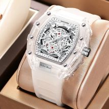 Orologio da uomo casual alla moda Funzione calendario luminoso Cinturino in silicone Orologio da uomo al quarzo con cassa trasparente a forma di tonneau Reloj
