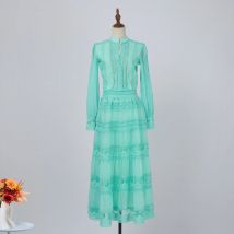 Women Autumn Embroidery Lace Hollow Out Fashion 2 Pieces Set Lantern Sleeve Blouse Tops And High Waist Maxi Long Skirts Outfits