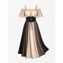 ROSEGAL Plus Size Women's Dress New Cold Shoulder Ruched Ruffles Colorblock Patchwork Lace Up Belted Vintage Corset Dresses Robe