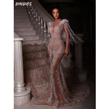 Sexy durchsichtiges Ballkleid 2025, luxuriöses Abendkleid mit Perlenapplikationen, bezauberndes, langes, bodenlanges Kleid nach Maß