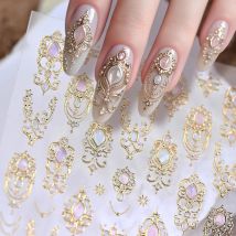 1pcs 5D Gold Scepter Nail Art Stickers Gorgeous Gemstone Luxury Courtly Pattern Necklace Frame Self Adhesive Manicure 3D Decals