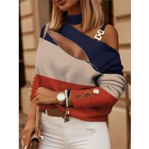 Neue Frühling Sommer frauen Mode Gedruckt Hemd Mit Zipper Metall Schnalle Sexy Off Schulter Beiläufige Lose Langarm-shirt