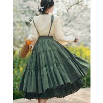 Chinesische Lolita Stil Frühling Sommer lange Midi Strap srock Frauen Teen Mädchen niedlich hohe Taille A-Linie Spitze Rüschen röcke plissiert