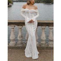 Weiß Off Schulter Lace Up Flare Langarm Schlank Maxi Kleid Frauen Aushöhlen Meerjungfrau Bodenlangen Vestidos Weibliche Elegante Robe
