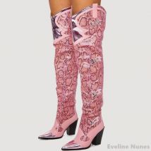 Sexy Pink Snake Print Over The Knee Boots Women Embroidered Pointed Toe Thick Heels Slip On Long Boots New Fashion Catwalk Boots