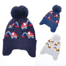 Stricken Baby Boy Hut mit Earflap Bagger Cartoon Design Woolen Hut Kinder Herbst Winter Warme Doppel schicht Plüsch Futter 2-8Y