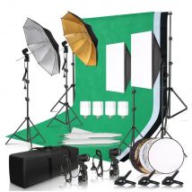 Fotografie-Fotostudio-Softbox-Beleuchtungsset mit 2,6x3M Hintergrundrahmen, 3 Stück Hintergründen, Stativ, Reflektorplatte, 4 Schirme