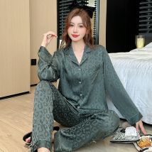 3XL Plus Größe Leopard Muster Frühjahr Neue Eis Seide Pyjamas Frauen Lange Ärmeln Hosen Set Kann Getragen Werden Oberbekleidung Nachtwäsche