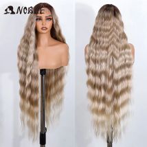 Parrucca anteriore in pizzo sintetico nobile 36 "parrucca lunga ondulata in pizzo parte corpo ondulata parrucca dorata per le donne parrucca anteriore in pizzo parrucca cosplay bionda Ombre