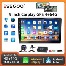 ESSGOO Autoradio 9" 2 DIN, CarPlay wireless, Android Auto, Android 14, Bluetooth, schermo tattile,