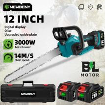 NEWBENY Motosega elettrica senza spazzole da 12 pollici Display a LED Cordless Taglio del legno Sega da giardino per Makita 18-21V Batteria Pin